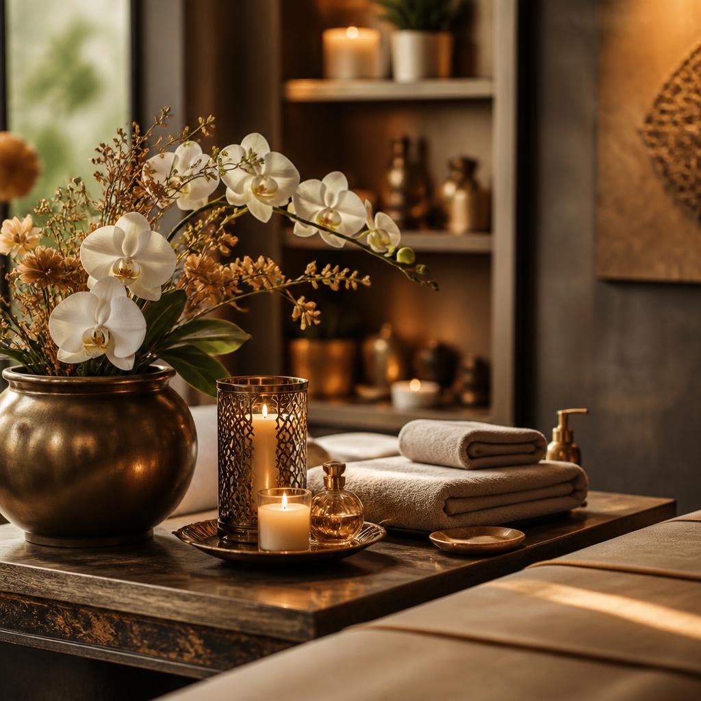 Spa table with fresh flowers and candles at Adorn Spa & Wellness