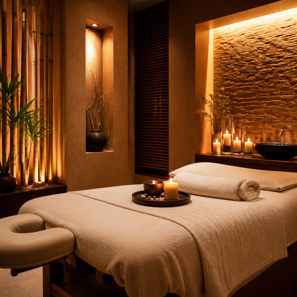 Candlelit massage room with warm earth tones at Adorn Spa & Wellness